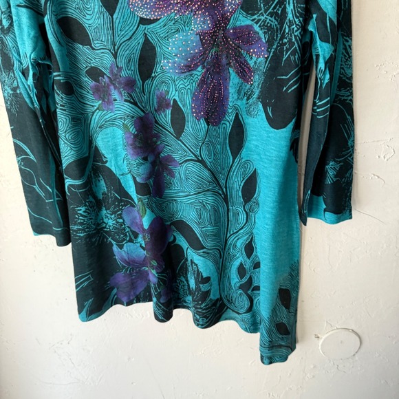 Cactus Teal Floral Rhinestone Detail Long Sleeve Asymmetrical Top Boho Artsy L - Picture 5 of 8